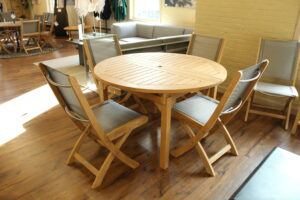 teak dining table with teak folding chairs